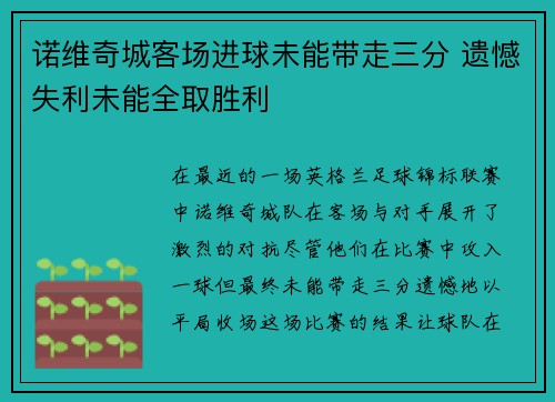 诺维奇城客场进球未能带走三分 遗憾失利未能全取胜利