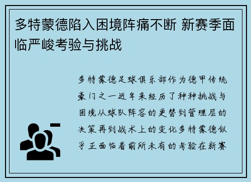 多特蒙德陷入困境阵痛不断 新赛季面临严峻考验与挑战