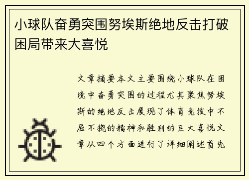 小球队奋勇突围努埃斯绝地反击打破困局带来大喜悦