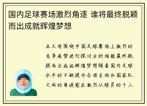 国内足球赛场激烈角逐 谁将最终脱颖而出成就辉煌梦想