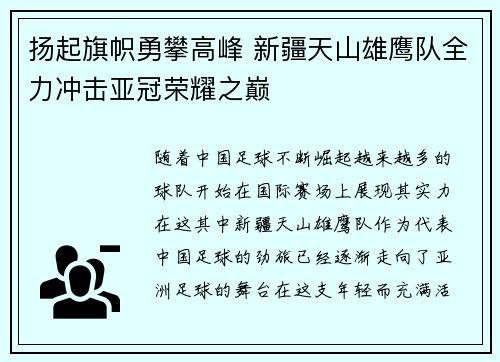 扬起旗帜勇攀高峰 新疆天山雄鹰队全力冲击亚冠荣耀之巅